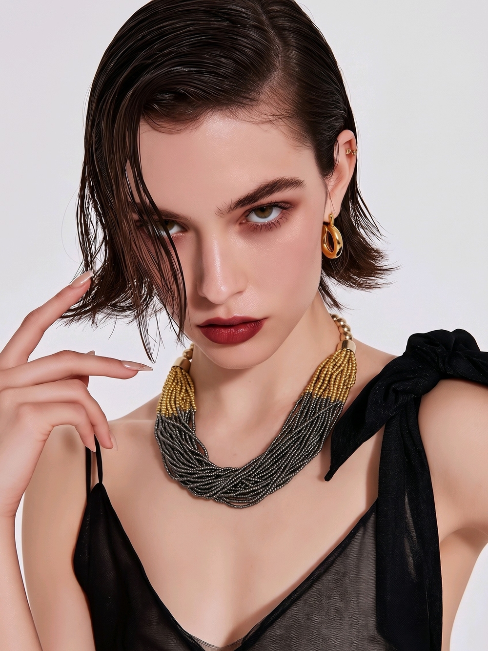 Boutique Multi-Strand Beaded Necklace in Gold and Black